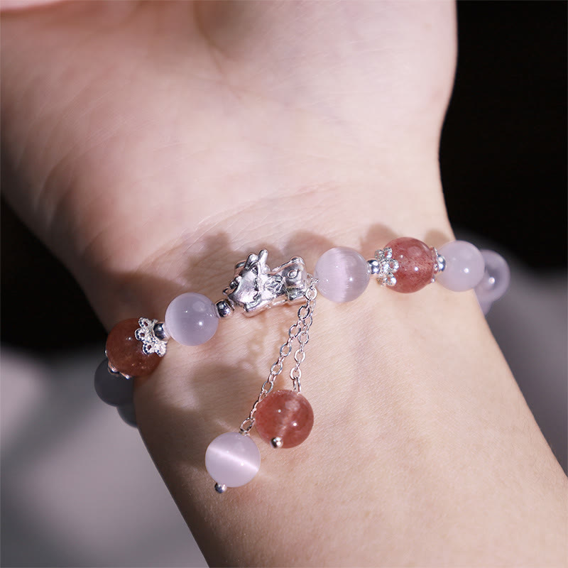 Braccialetto di supporto PiXiu in quarzo fragola con pietra lunare naturale occhio di gatto Buddha Stones