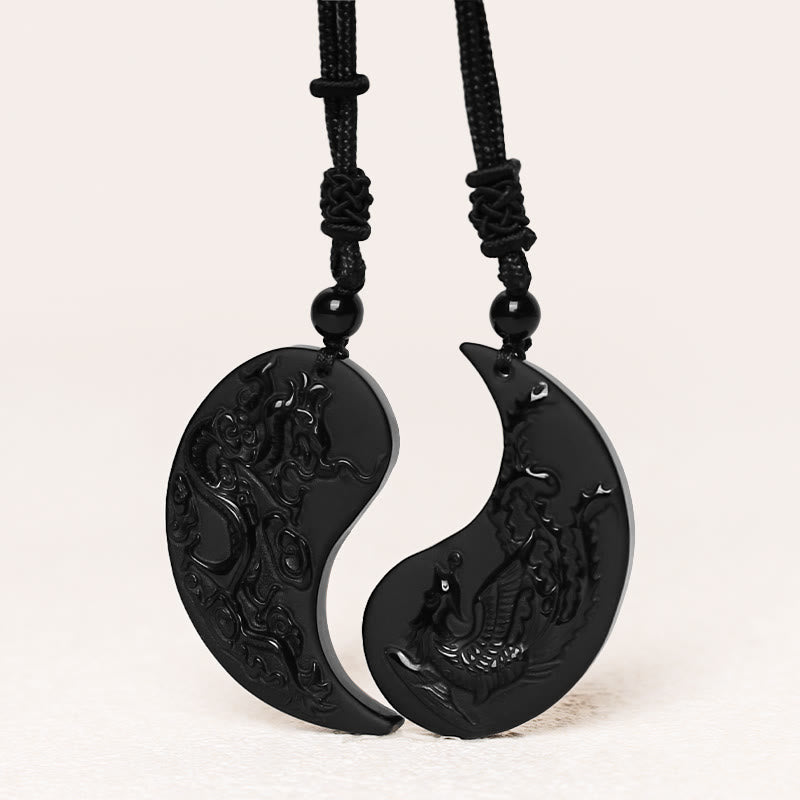 Buddha Stones Ossidiana nera Yin Yang Drago Fenice Collana pendente fortuna - image 2