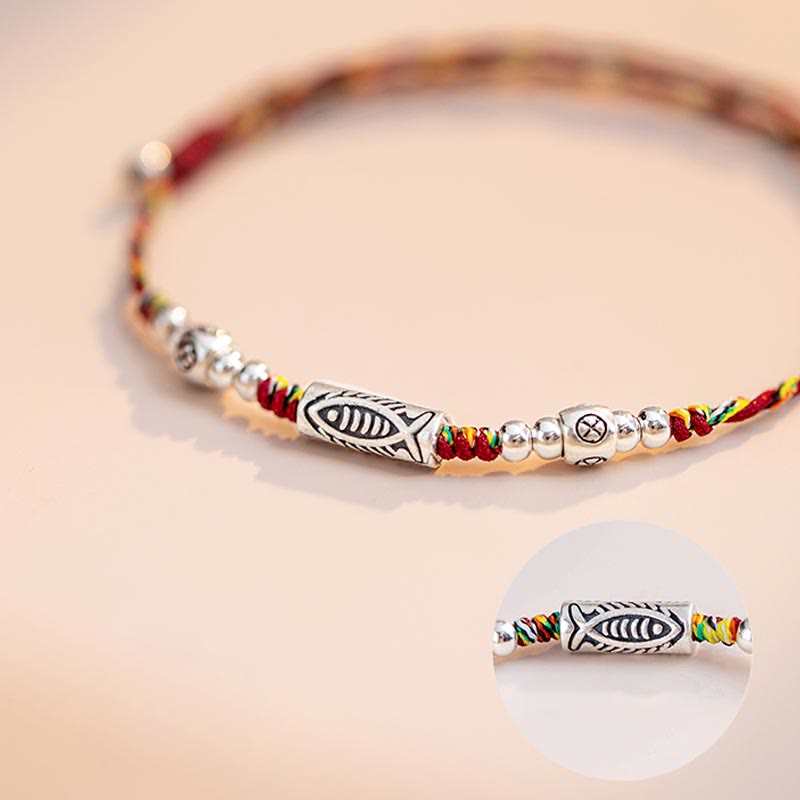 Buddha Stones 925 Sterling Silver Luck Koi Fish Braccialetto alla caviglia intrecciato con corda colorata - image 16