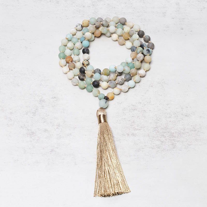 Braccialetto Mala con nappa in perle di amazzonite Buddha Stones 108