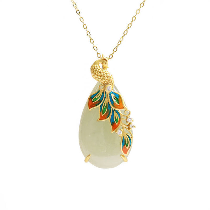 Collana con ciondolo a forma di pavone in giada bianca con catena di protezione