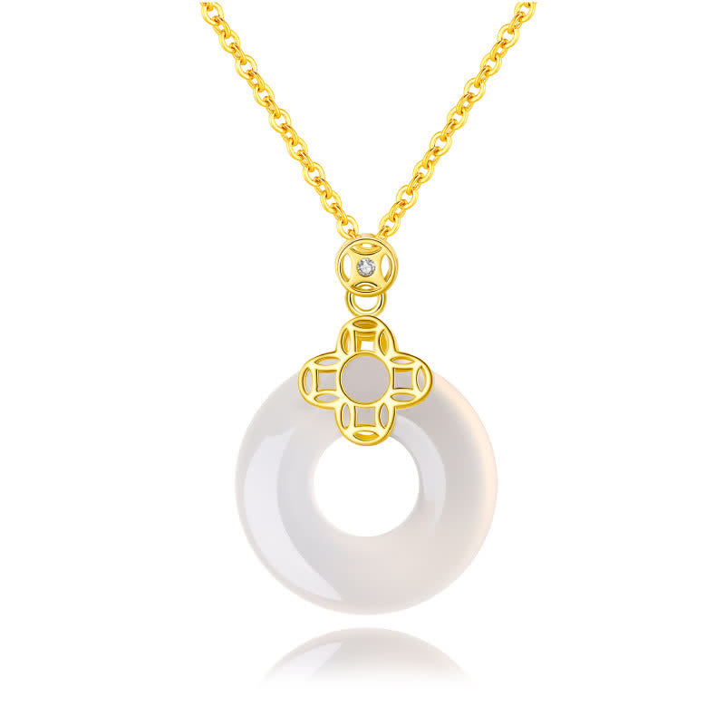 Collana pendente con Buddha Stones positivo in argento sterling 925 con moneta in calcedonio e fibbia per la pace