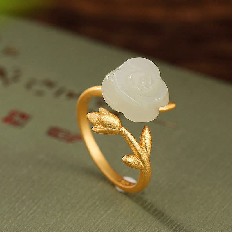 Anello della felicità in giada bianca Hetian con fiore rosa in argento sterling 925 placcato oro Buddha Stones