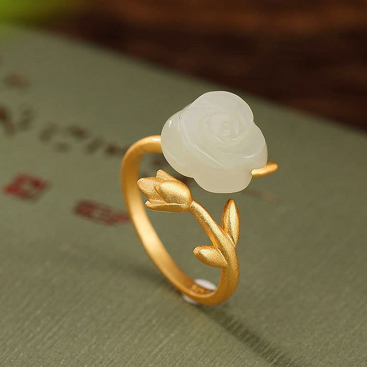 Anello della felicità in giada bianca Hetian con fiore rosa in argento sterling 925 placcato oro Buddha Stones