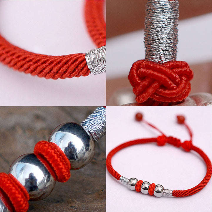 Braccialetto di corda rossa con perline portafortuna in argento sterling 925 Buddha Stones