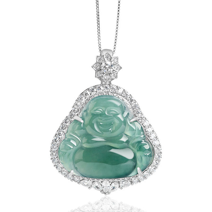Collana con Buddha Stones in argento sterling 925 con ciondolo a forma di Buddha che ride in giada naturale con catena portafortuna e abbondanza - image 5