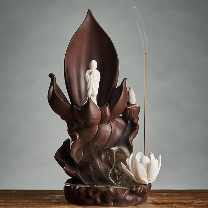 Buddha Stones Buddha di loto Avalokitesvara Illuminazione Bruciatore di incenso in argilla viola Decorazione
