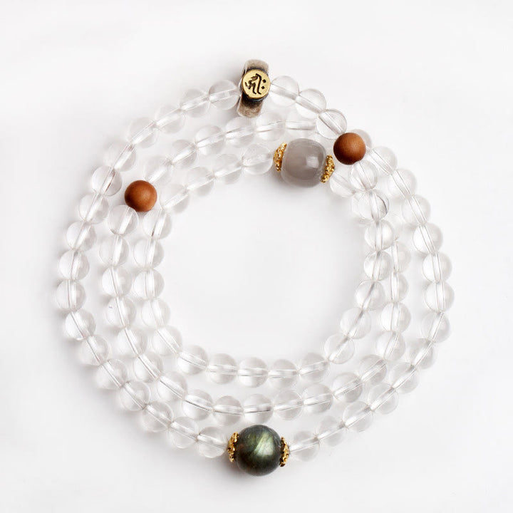 Braccialetto triplo giro in argento sterling 925 con Buddha Stones , zodiaco cinese, Buddha natale, cristallo bianco, meditazione