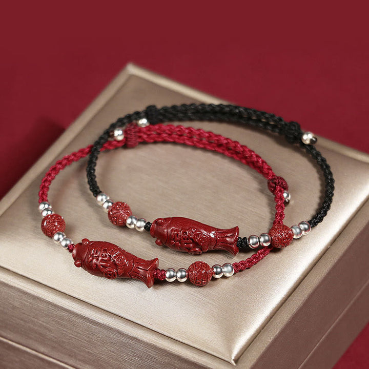 Bracciale intrecciato con moneta di rame, pesce koi, cinabro, Fu, argento sterling 925 , Buddha Stones