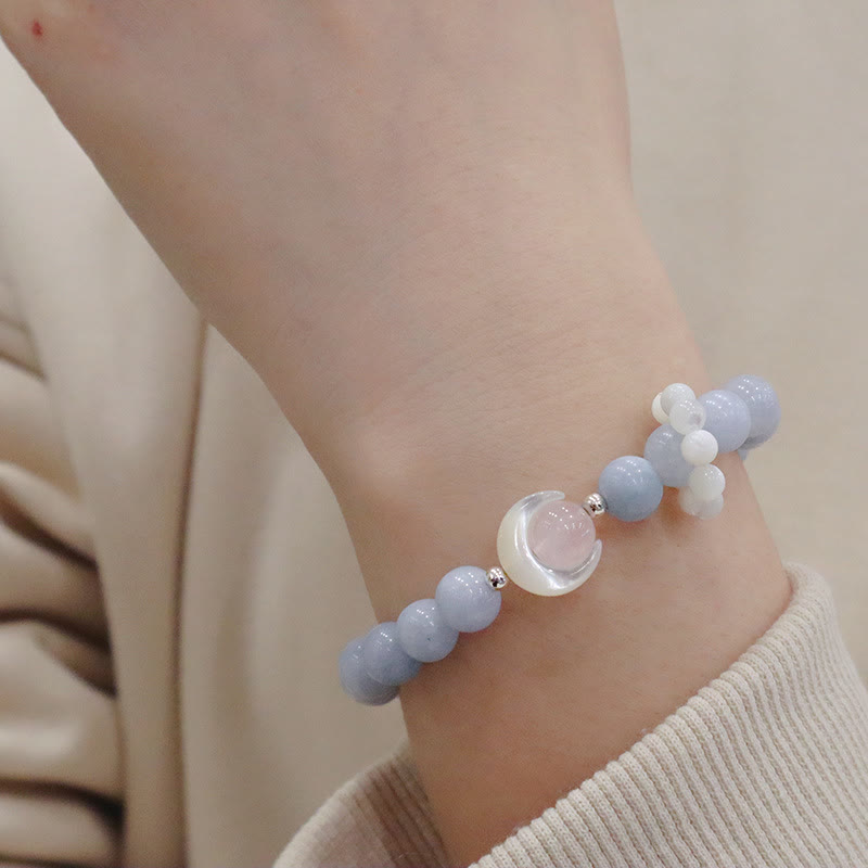 Braccialetto di Buddha Stones in argento sterling 925 con ametista naturale, acquamarina, cristallo rosa, occhio di gatto, guarigione, luna crescente