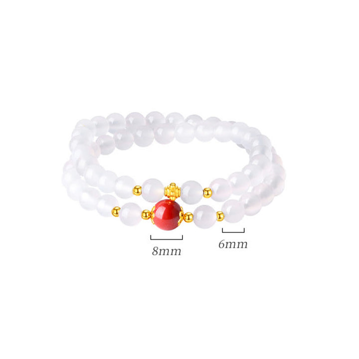 Braccialetto di protezione a doppio giro Buddha Stones in argento sterling 925 con agata bianca naturale e cinabro