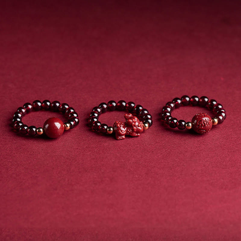 Buddha Stones Granato Cinabro Perlina Fortunata PiXiu Om Mani Padme Hum Anello di Protezione Rosa