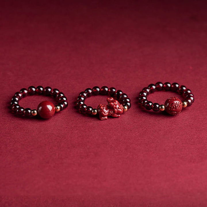 Buddha Stones Granato Cinabro Perlina Fortunata PiXiu Om Mani Padme Hum Anello di Protezione Rosa