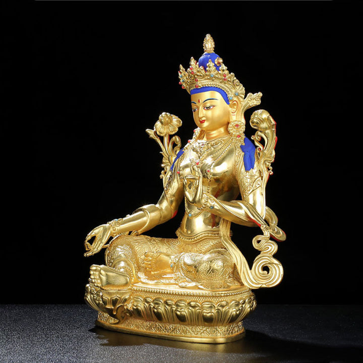 Statua di protezione di Avalokitesvara a quattro braccia di Chenrezig, placcata in oro e rame