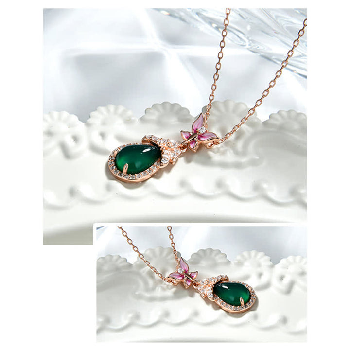 Collana con ciondolo in argento sterling 925, calcedonio verde, farfalla e zircone, coraggio