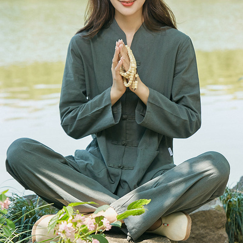 Buddha Stones Spirituale Zen Pratica Yoga Meditazione Preghiera Uniforme Cotone Lino Abbigliamento Donna Set - image 0