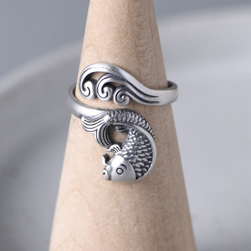 Buddha Stones 925 Sterling Silver Koi Fish Water Ripple Luck Wealth