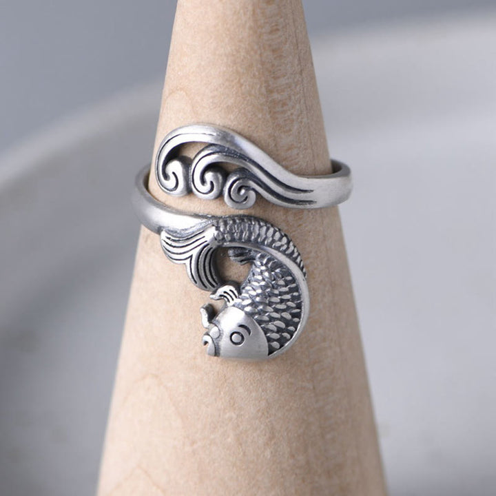 Buddha Stones 925 Sterling Silver Koi Fish Water Ripple Luck Wealth