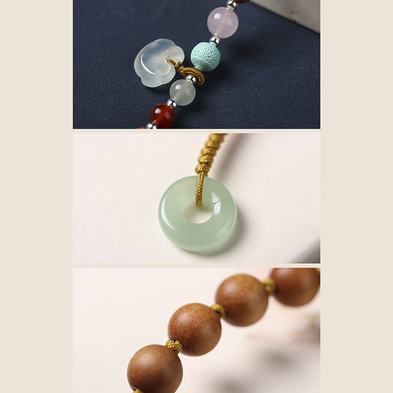 Braccialetto a doppio giro rilassante con fibbia della pace, ciondolo in legno di sandalo verde e calcedonio Buddha Stones