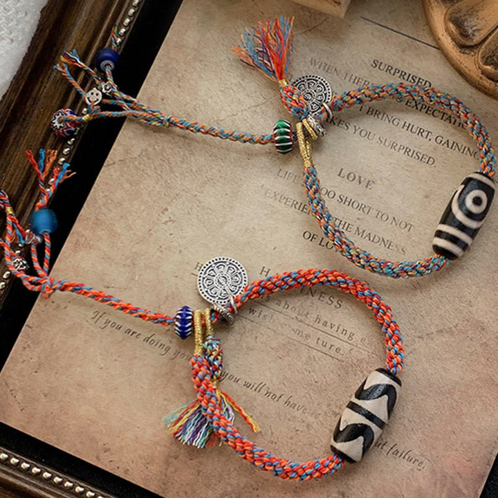 Braccialetto di protezione intrecciato con perline Dzi fatte a mano in argento sterling 925 tibetano Om Mani Padme Hum