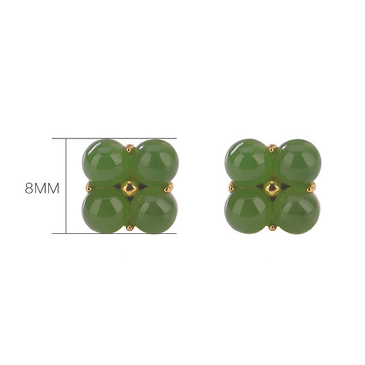 Orecchini a bottone con quadrifoglio e portafortuna in giada ciano naturale placcato oro e argento sterling 925 Buddha Stones