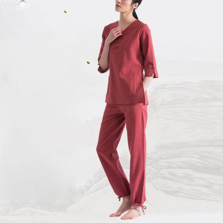 Buddha Stones Yoga Meditazione Preghiera Scollo a V Design Cotone Lino Abbigliamento Uniforme Zen Pratica Set da Donna