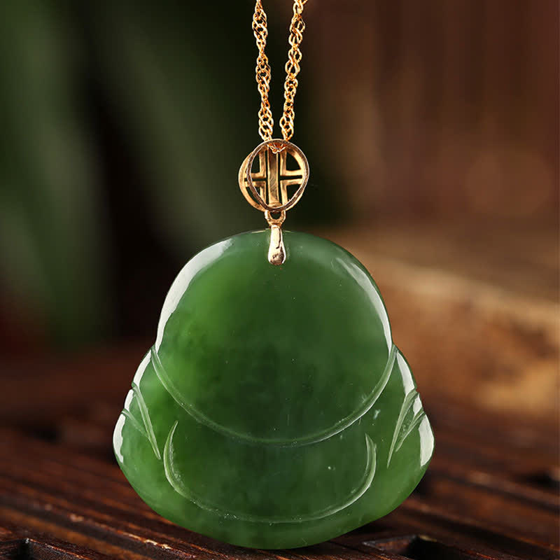 Collana con ciondolo a forma di Buddha che ride in argento sterling 925, giada ciano Hetian e oro 18 carati. - image 8
