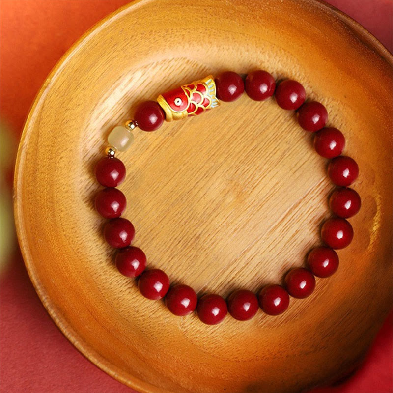 Braccialetto di benedizione con perline di giada Hetian, cinabro naturale, pesce koi fortunato, Buddha Stones