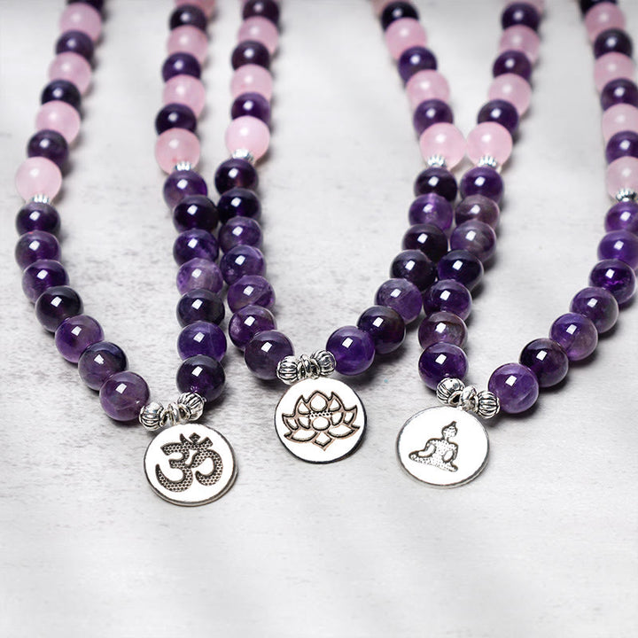 Bracciale con ciondolo di loto in perline di Mala in quarzo rosa naturale e ametista Buddha Stones