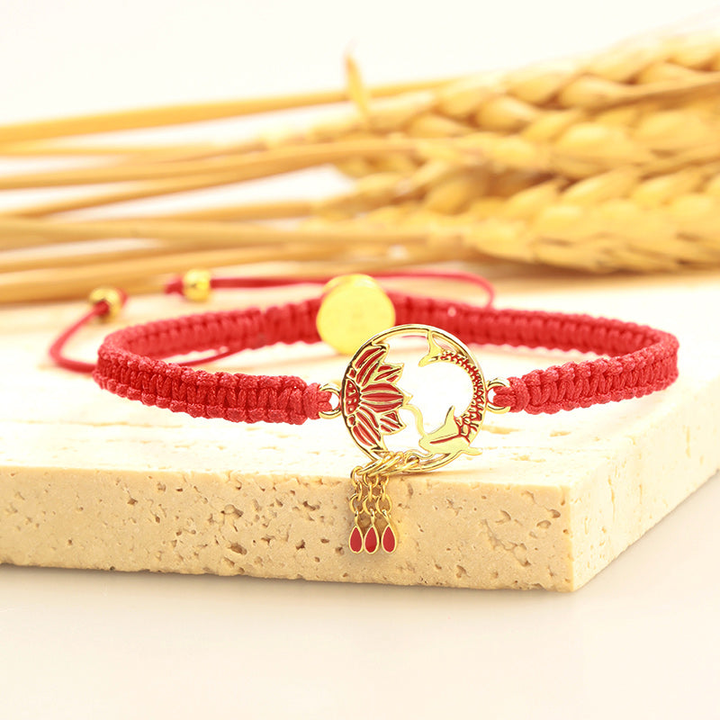 Braccialetto portafortuna rosso con corda, fatto a mano in Buddha Stones, tibetano, con pesce di loto e carpa koi