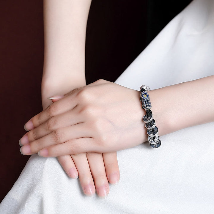 Bracciale intrecciato con moneta di rame PiXiu FengShui in argento sterling 999 con pietre Buddha Stones, carattere Fu, ricchezza