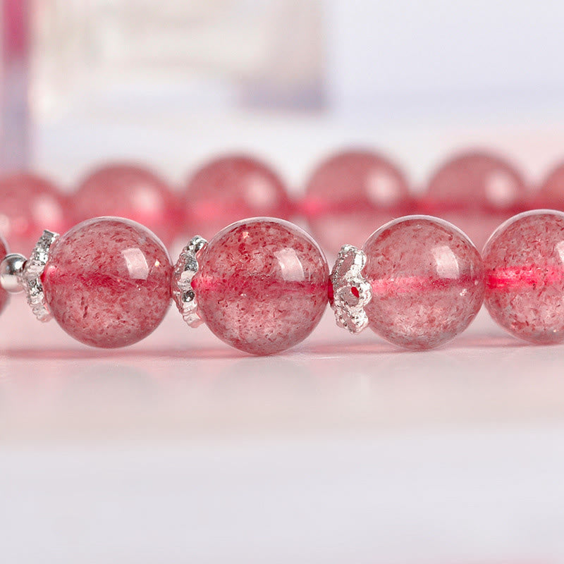 Bracciale Buddha Stones in argento sterling 925 con quarzo fragola e quadrifoglio, amore