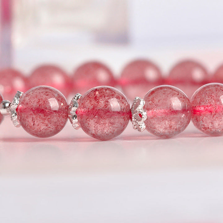 Bracciale Buddha Stones in argento sterling 925 con quarzo fragola e quadrifoglio, amore