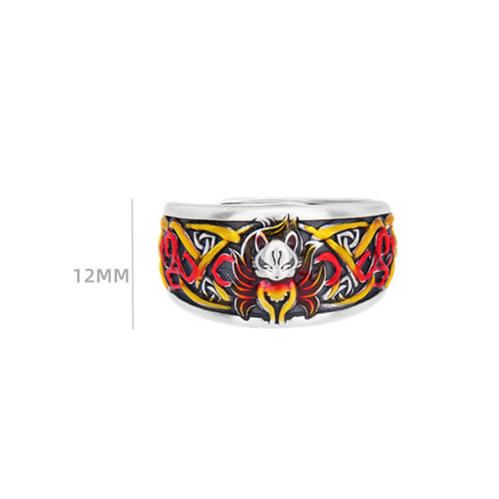 Anello di protezione del successo della volpe a nove code in argento sterling 999 Buddha Stones