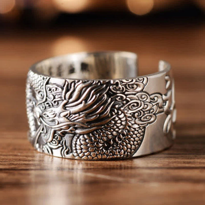 Anello di protezione e successo con motivo intagliato a drago in argento sterling 999 Buddha Stones
