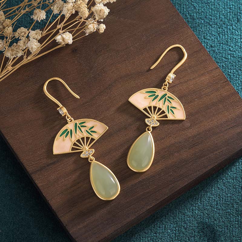Orecchini pendenti con motivo a ventaglio in avventurina verde naturale Buddha Stones