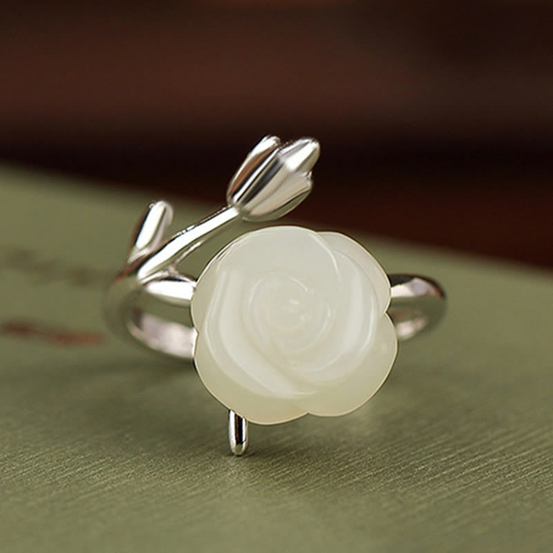 Anello della felicità in giada bianca Hetian con fiore rosa in argento sterling 925 placcato oro Buddha Stones