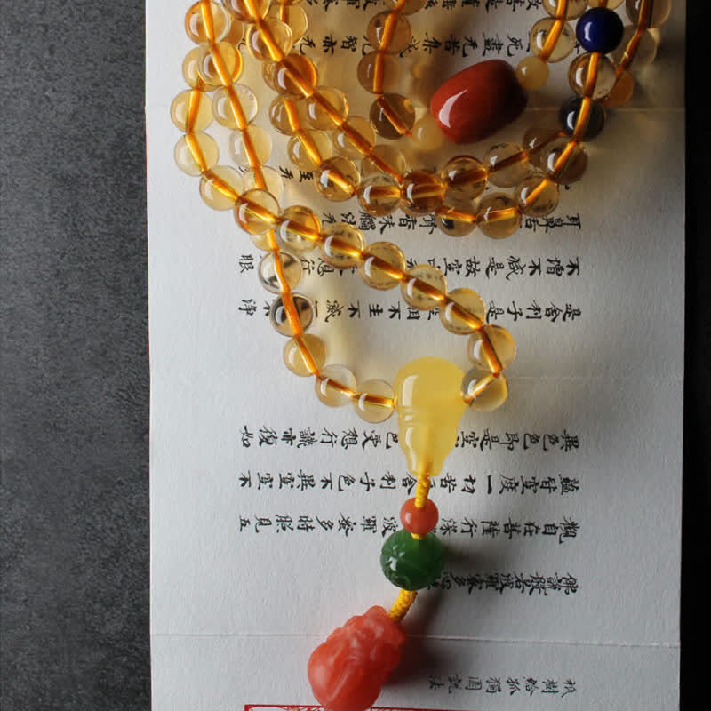 Braccialetto con ciondolo di protezione PiXiu, 108 perle di Mala, ambra citrino naturale, fibbia della pace, agata rossa