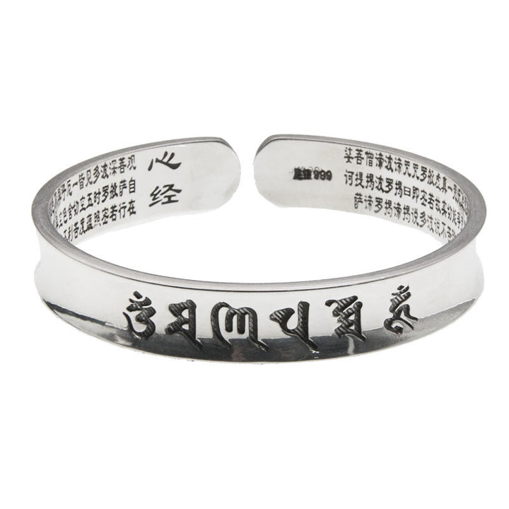 Buddha Stones 999 Sterling Silver Om Mani Padme Hum Cuore Sutra Amore Pace Bracciale Bangle