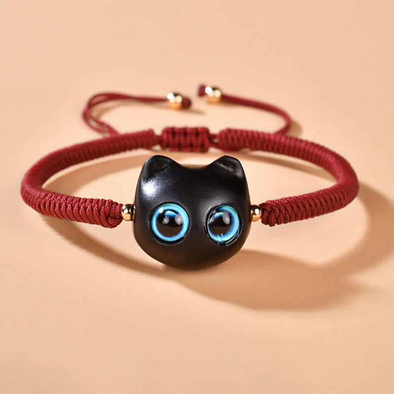 Bracciale intrecciato con motivo a testa di gatto in legno di ebano Buddha Stones, nodo di King Kong della pace - image 4