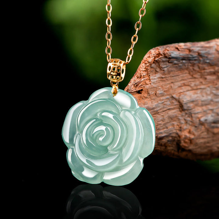 Collana con ciondolo in giada rosa naturale con Buddha Stones in oro 18 carati e argento sterling 925