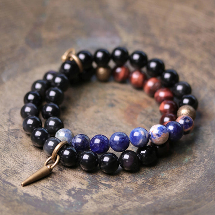 Braccialetto di coppia in cristallo di rame, ossidiana nera, sodalite e pietre Buddha Stones