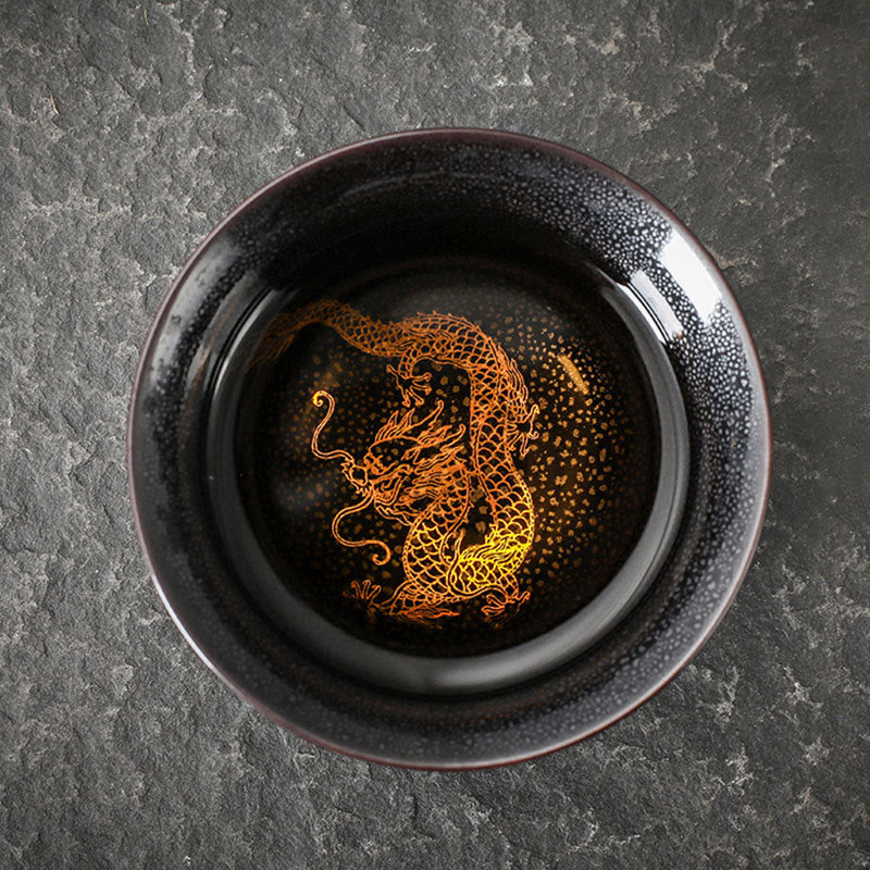Buddha Stones Tazza da tè in ceramica con foglia d'oro cinese Jianzhan Drago Fenice Loto Avalokitesvara Pesce Koi Tazza da tè Tenmoku Kung Fu Ciotola da tè - 8,4 cm*5 cm*120 ml - Drago - image 0