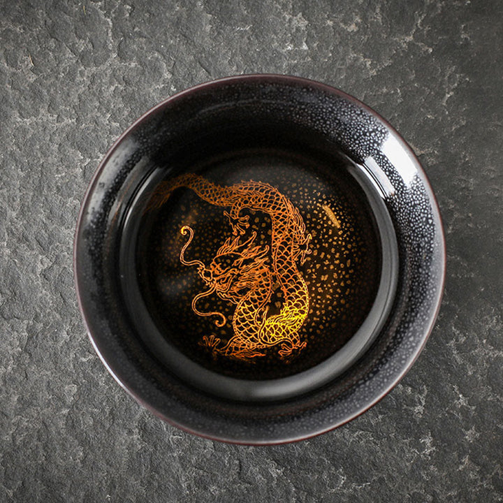 Buddha Stones Tazza da tè in ceramica con foglia d'oro cinese Jianzhan Drago Fenice Loto Avalokitesvara Pesce Koi Tazza da tè Tenmoku Kung Fu Ciotola da tè - 8,4 cm*5 cm*120 ml - Drago - image 0