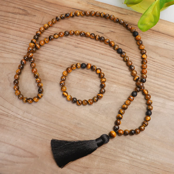 Braccialetto di protezione con nappa in occhio di tigre Buddha Stones, 108 perline Mala