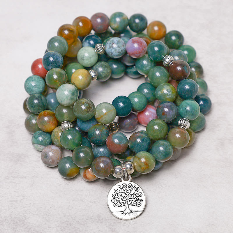 Buddha Stones 108 Mala Beads Agata indiana Loto OM Buddha Albero della vita Braccialetto di calma positiva