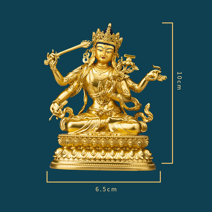 Statua in rame della compassione e serenità del Bodhisattva Manjusri a quattro braccia, statuetta in oro, decorazione per la casa