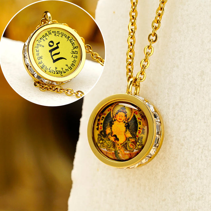 Buddha Stones Tibetano Giallo Dio della Ricchezza Tara Verde Buddha Serenity Collana Pendente in Acciaio al Titanio - Mantra sul retro del Dio giallo della ricchezza - image 1