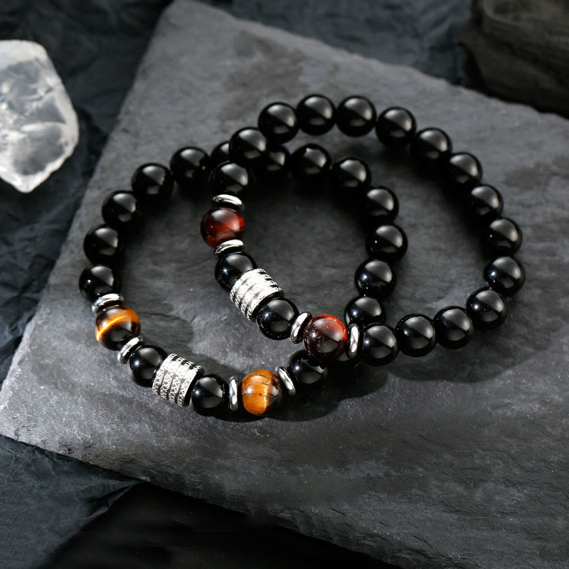 Bracciale Buddha Stones in ossidiana nera naturale con occhio di tigre e forza