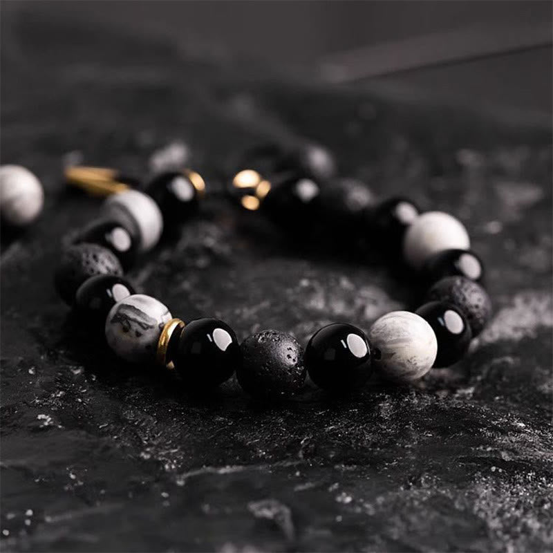 Braccialetto di forza Yin Yang in pietra lavica di ossidiana nera Buddha Stones